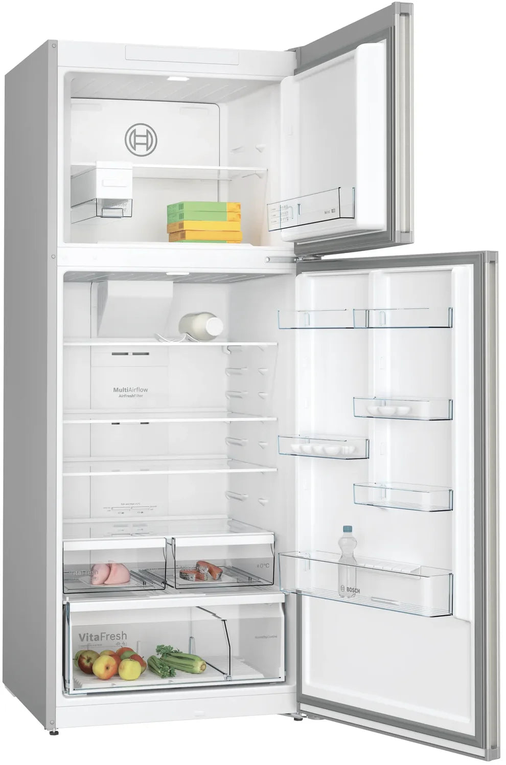 Bosch KDN76XIE0M Series 4 Refrigerator with door open showing shelving