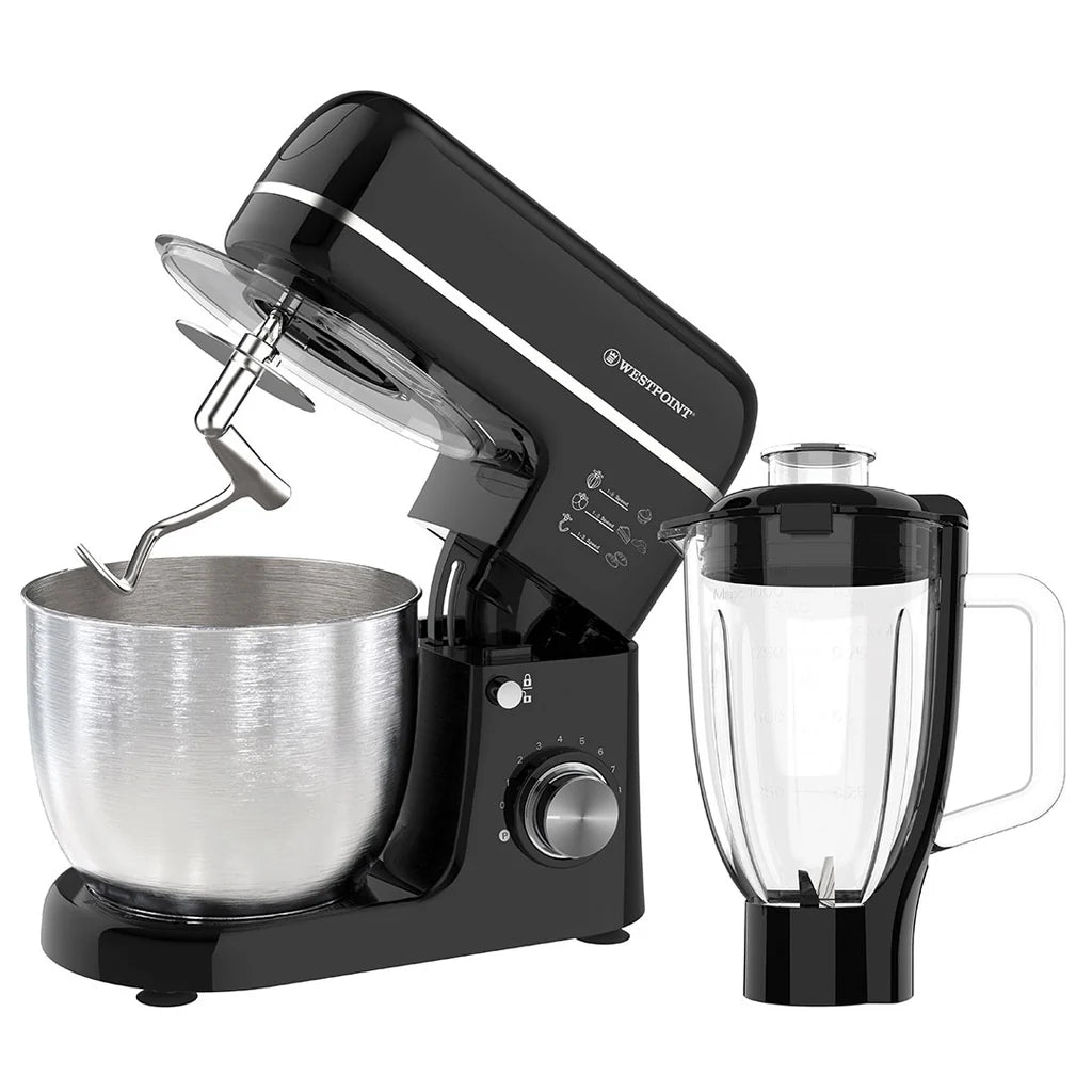 Westpoint WF-4627B black deluxe stand mixer with stainless steel bowl and glass blender jug