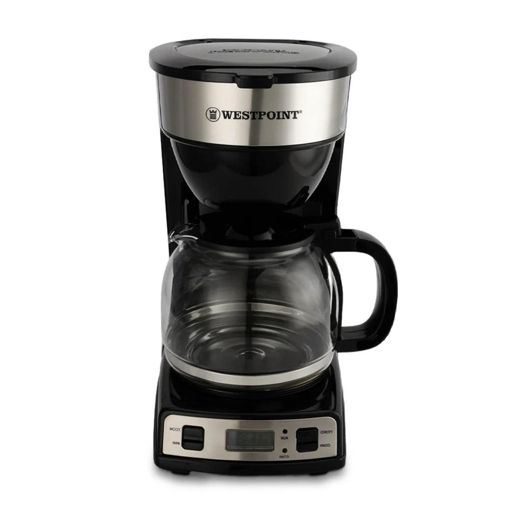 Westpoint WF-2023 black and stainless steel coffee maker with glass carafe and LCD display