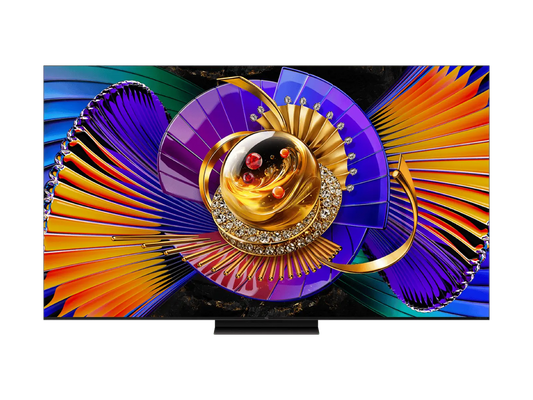 TCL television displaying a colourful gold and purple abstract design
