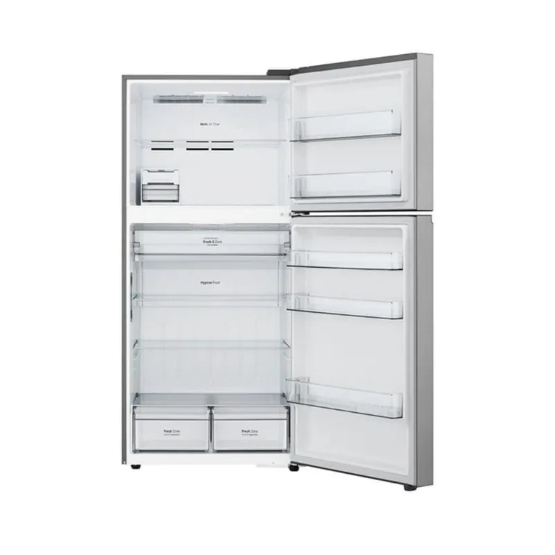 LG LTB842PFBQ refrigerator with doors open showing interior storage
