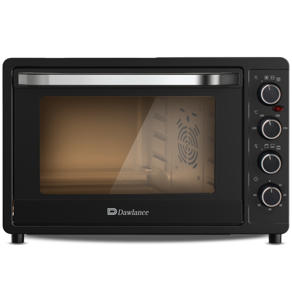 Dawlance DWMO 5222 CR mini oven in black with double glass door and mechanical knob controls