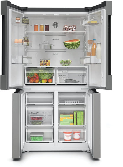 Bosch KFN96VPEAG French Door Refrigerator open showing shelving and storage