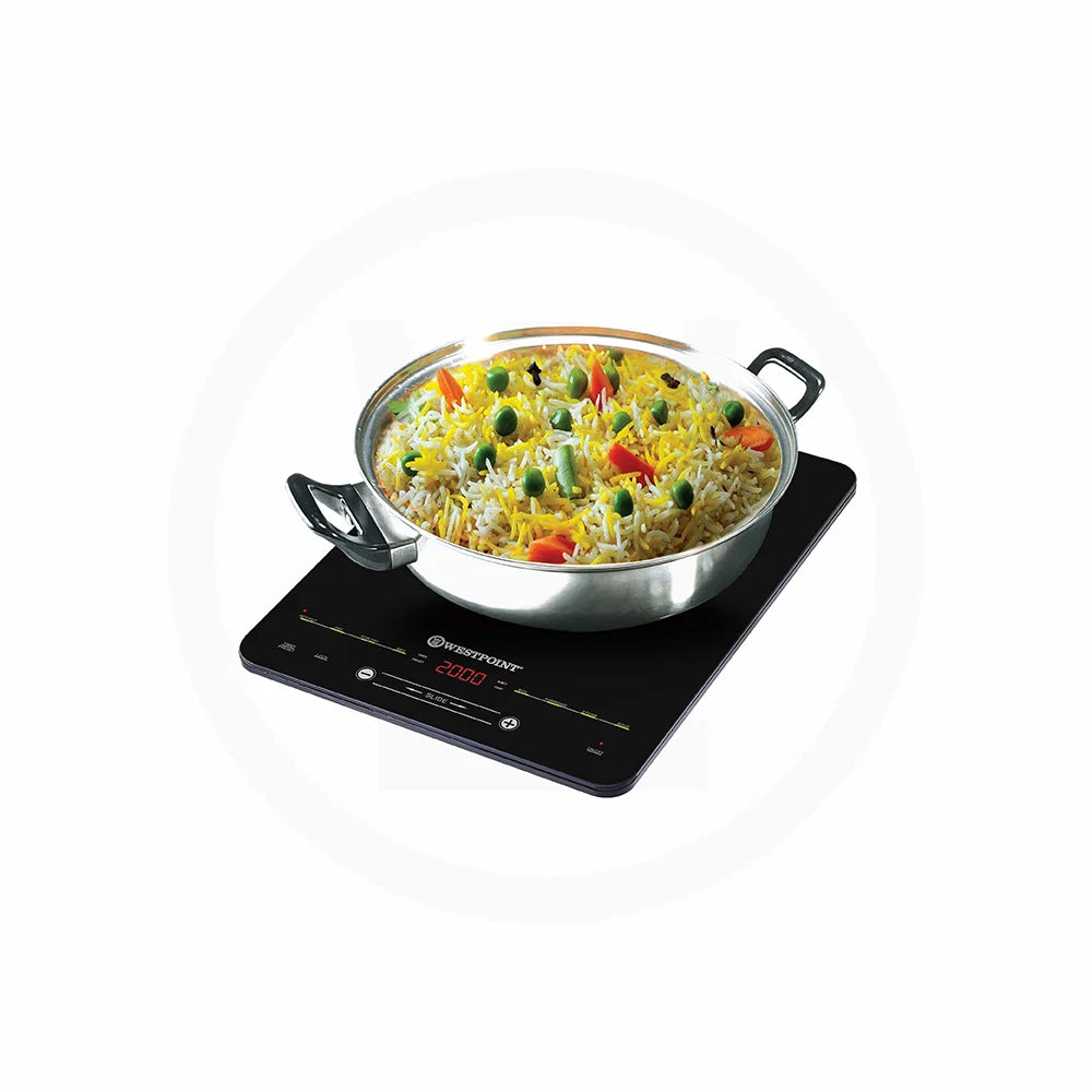 Westpoint WF-143 black deluxe induction cooker with a pot of rice on top