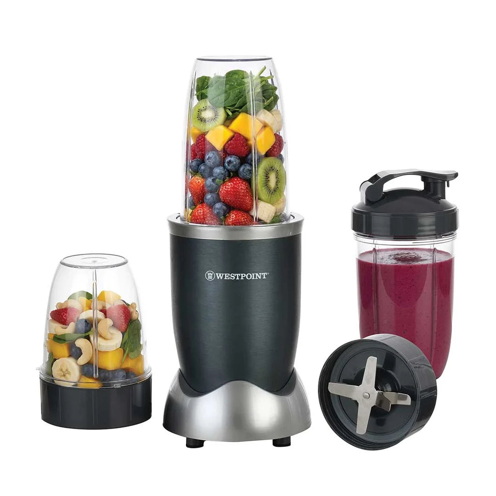 Westpoint WF-449 Deluxe Nutri Blast blender with fruit-filled jars, mill jar and cross blade