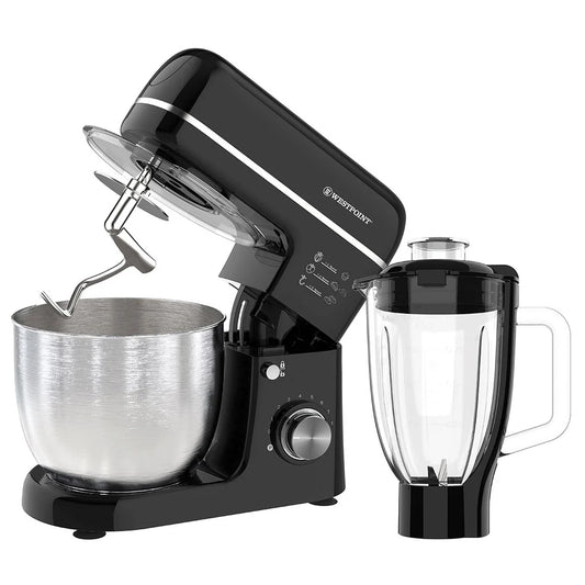 Westpoint WF-4627B black deluxe stand mixer with stainless steel bowl and glass blender jug