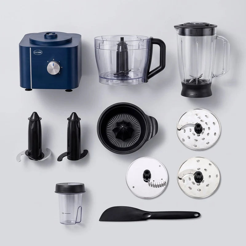 Canon Food Processor Pro 1000W food processor bowl filled with chopped vegetables, alongside blender jug and juicer