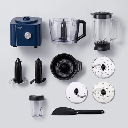 Canon Food Processor Pro 1000W food processor bowl filled with chopped vegetables, alongside blender jug and juicer
