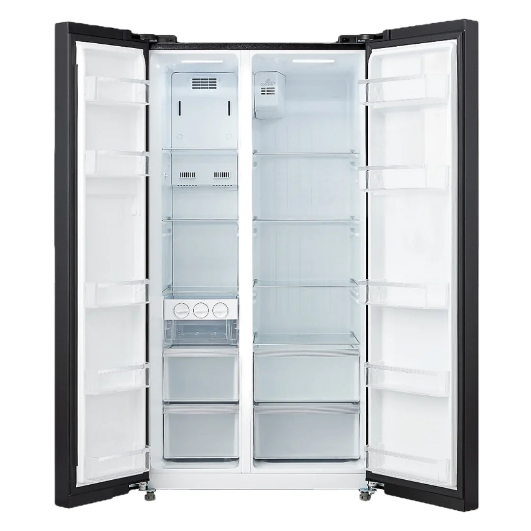 Signature MD100G Inverter Side By Side Refrigerator with doors open showing shelving