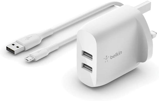 BELKIN BOOST CHARGE Dual USB-A Wall Charger 24W with 1M USB-A to Micro-USB Cable Model WCE002MY1MWH