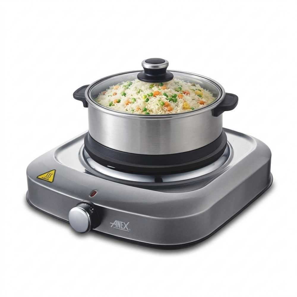 Anex AG-2161 single hot plate with a stainless steel pot of rice and vegetables on top