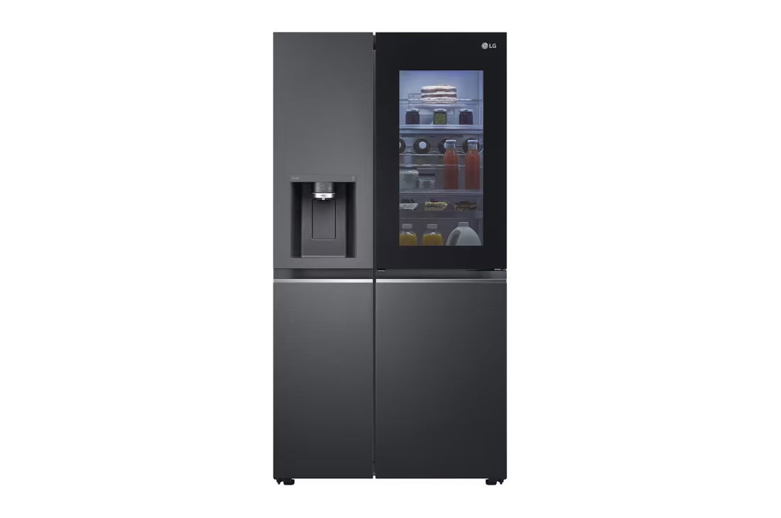 LG black InstaView refrigerator with water dispenser front view