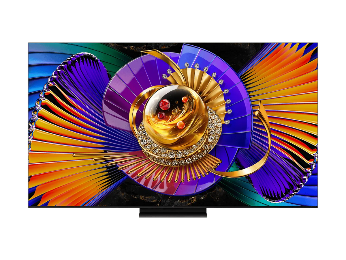 TCL television displaying a colourful gold and purple abstract design