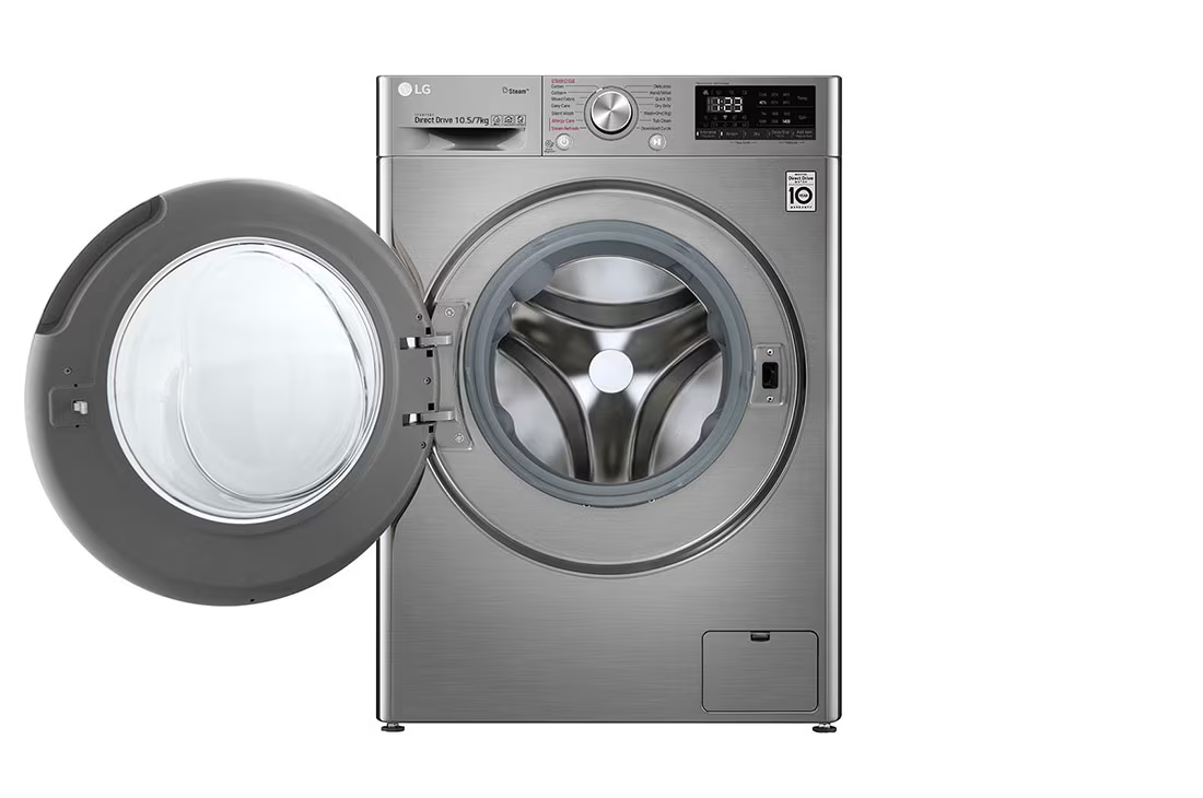 LG front load washer dryer in silver with door open