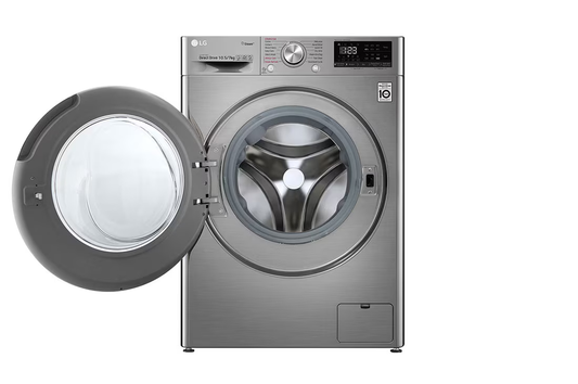 LG front load washer dryer in silver with door open