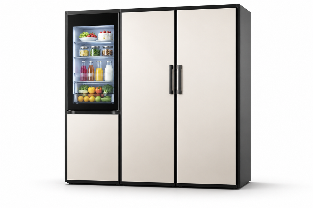 LG three-piece refrigerator and freezer combo with InstaView panel and coordinated cream doors