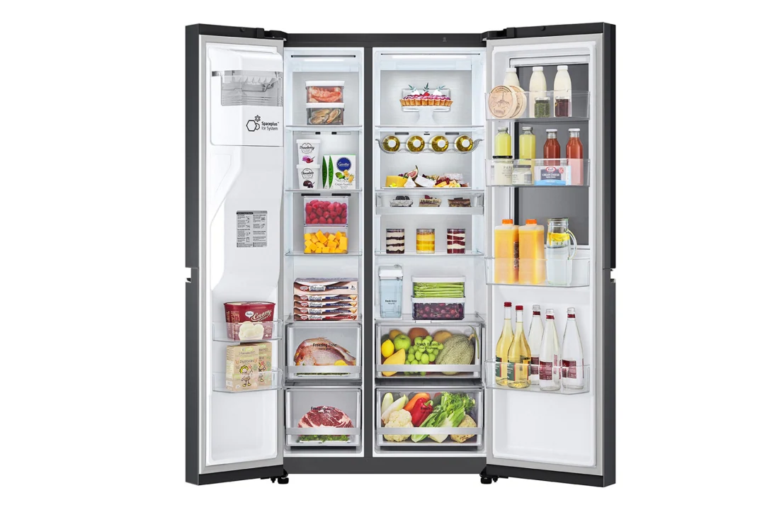 LG side-by-side refrigerator interior with doors open