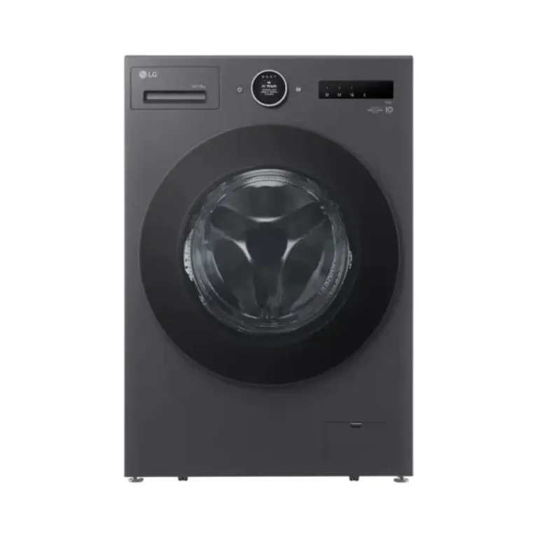 LG front load washer and dryer in dark grey, front view