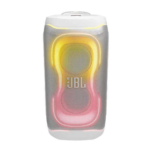 White JBL PartyBox speaker with illuminated light effects, front view