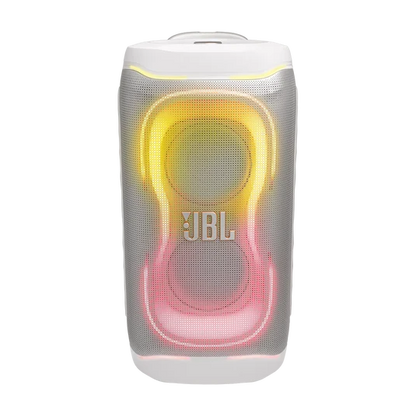 White JBL PartyBox speaker with illuminated light effects, front view