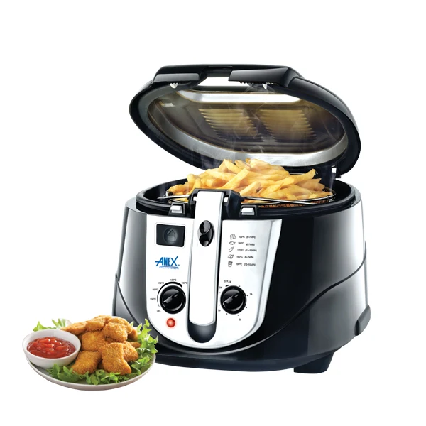Anex deep fryer with open lid and basket of fries