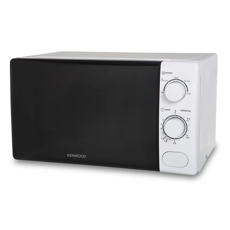 White Kenwood solo microwave oven with black door and two rotary controls