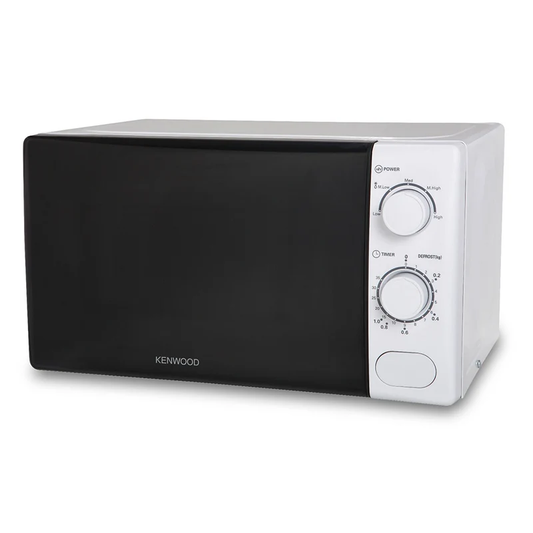 White Kenwood solo microwave oven with black door and two rotary controls