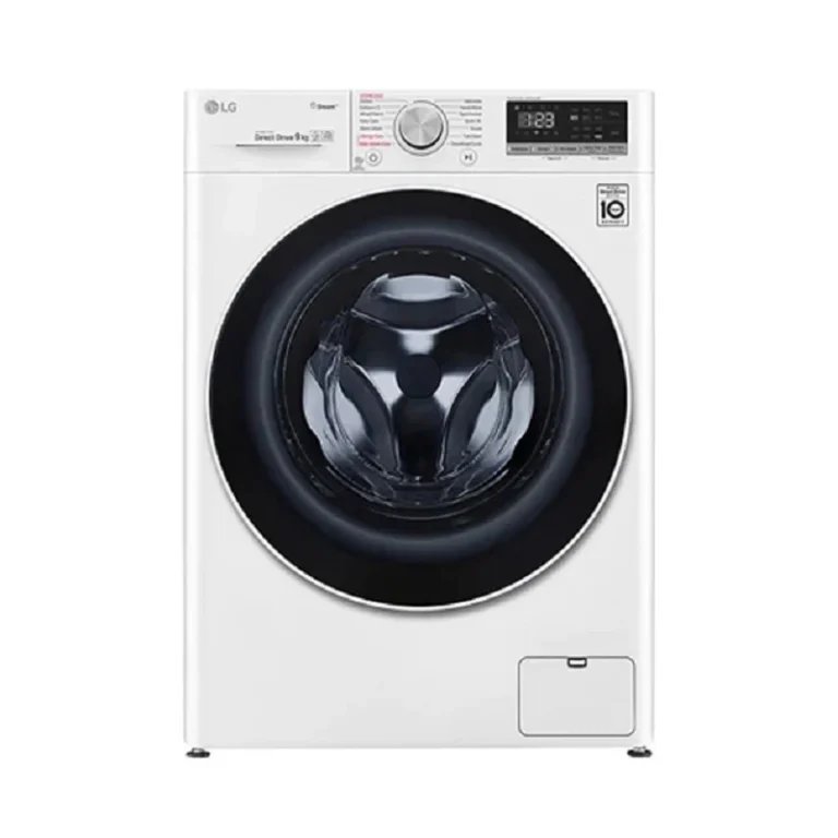 LG front load washing machine with white body and dark circular door