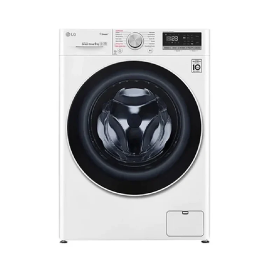 LG front load washing machine with white body and dark circular door