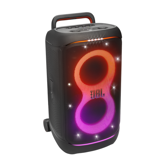JBL PartyBox 520 black speaker with orange and pink lighting, angled view