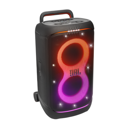 JBL PartyBox 520 black speaker with orange and pink lighting, angled view
