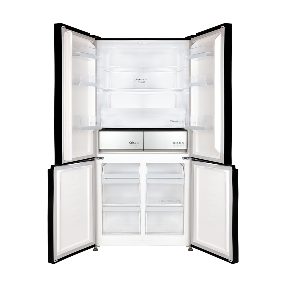 Dawlance four-door refrigerator interior with all doors open