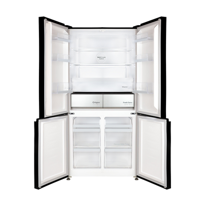 Dawlance four-door refrigerator interior with all doors open