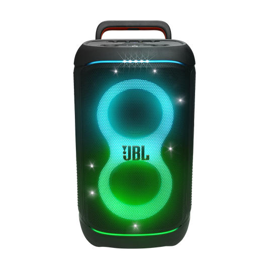 JBL PartyBox 520 black speaker with blue and green lighting, front view
