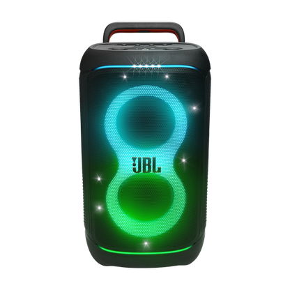 JBL PartyBox 520 black speaker with blue and green lighting, front view