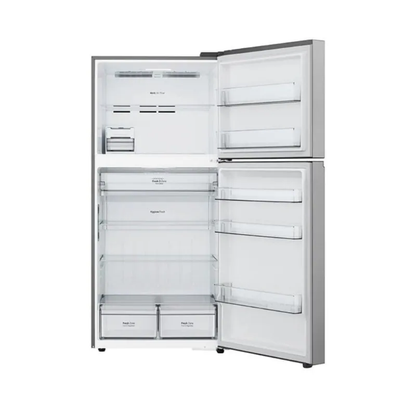 LG LTB842PFBQ refrigerator with doors open showing interior storage