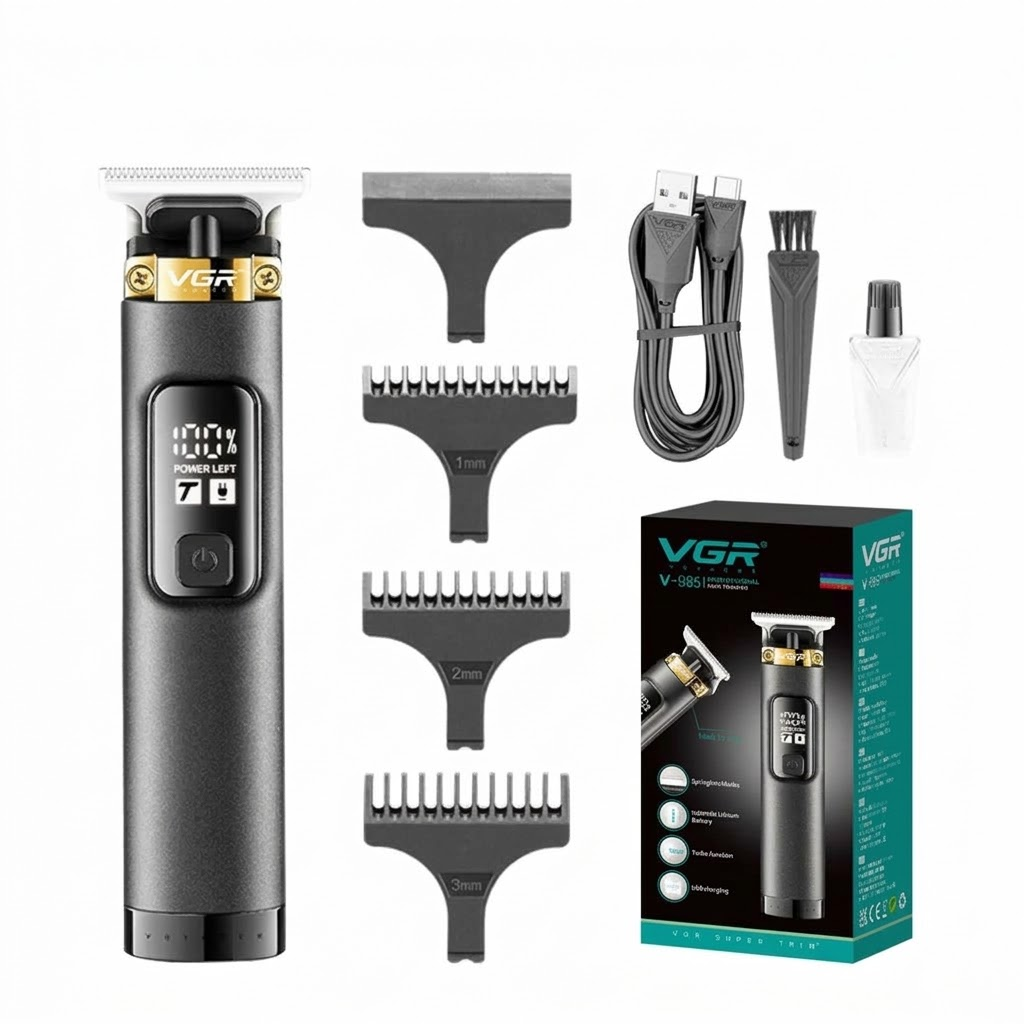 VGR V985 hair trimmer with guide combs, USB charging cable, cleaning brush, oil bottle and retail box