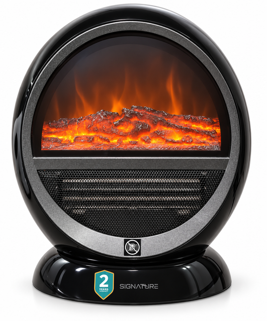 Signature FT30 black fan heater with flame-effect display, front view