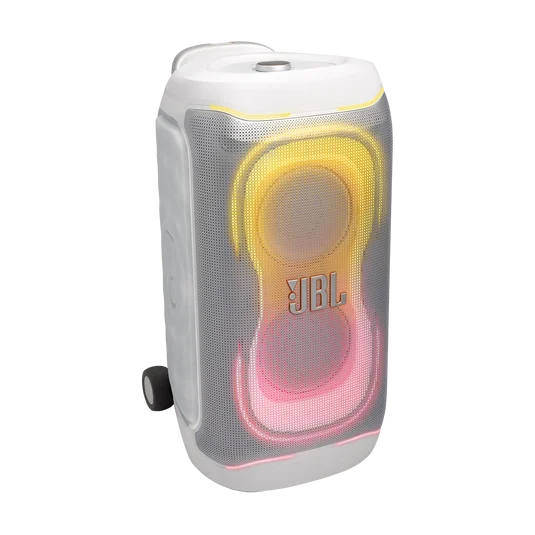 White JBL PartyBox speaker with illuminated light effects, angled view