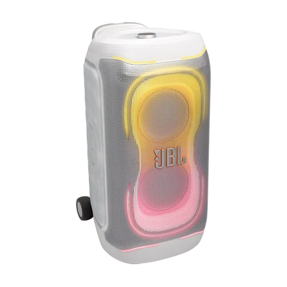 White JBL PartyBox speaker with illuminated light effects, angled view